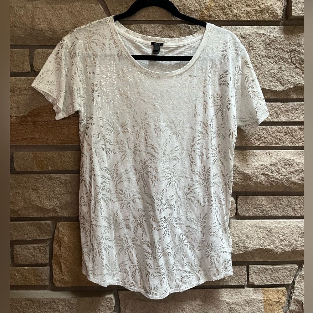 Jcrew white silver metallic palm tree print t shirt cotton modal white xs